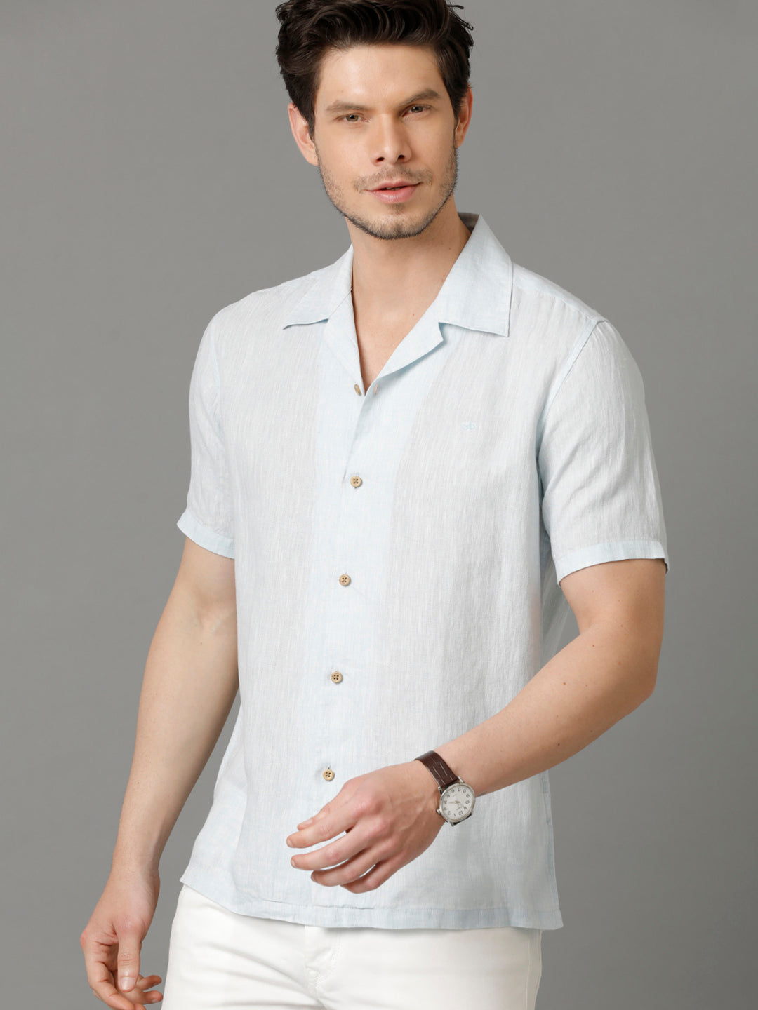 Aldeno Mens Regular Fit Solid Blue Casual Linen Shirt (LERRY)
