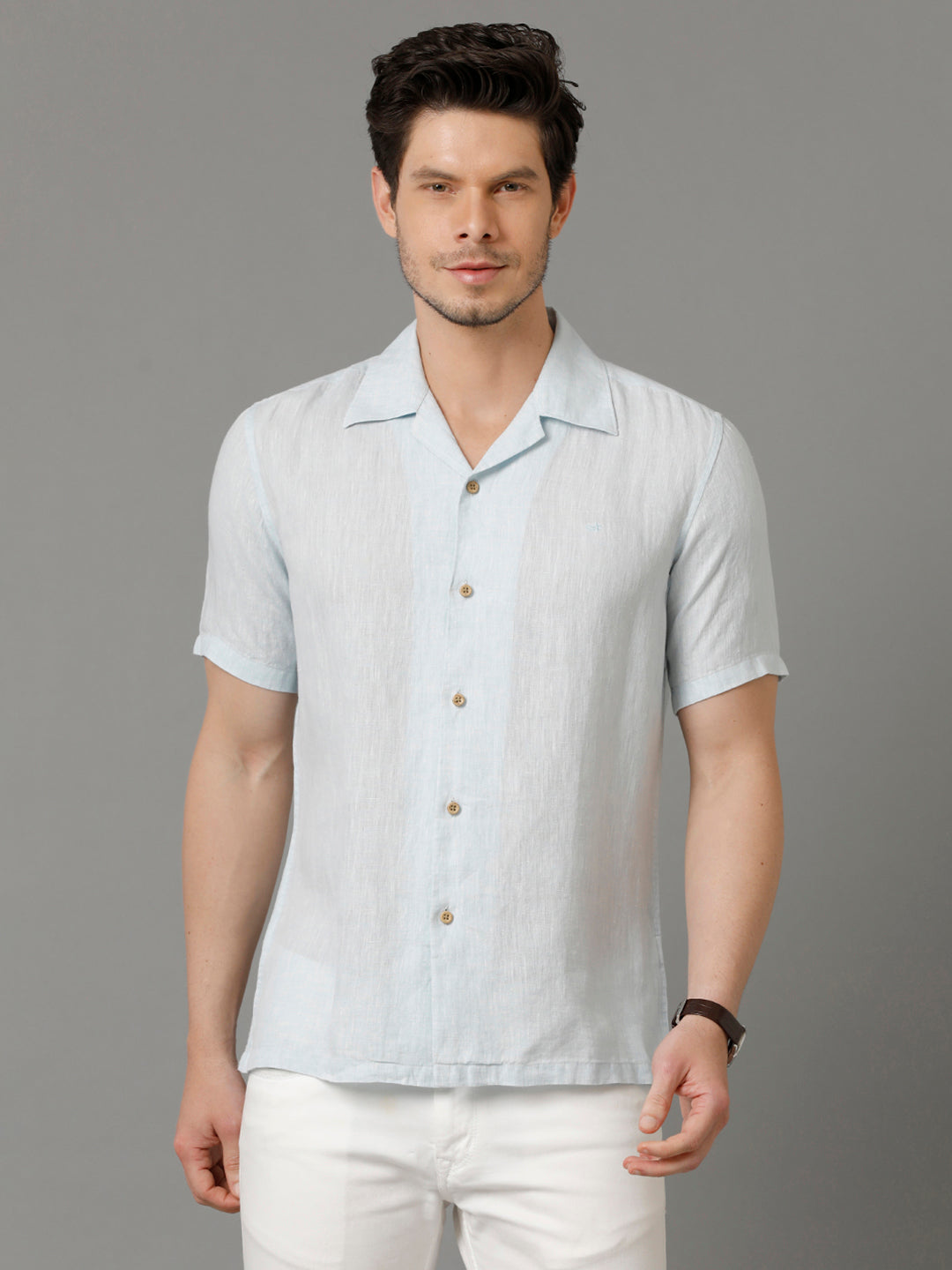 Aldeno Mens Regular Fit Solid Blue Casual Linen Shirt (LERRY)