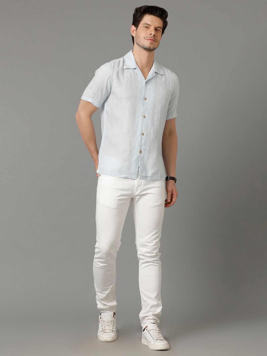 Aldeno Mens Regular Fit Solid Blue Casual Linen Shirt (LERRY)
