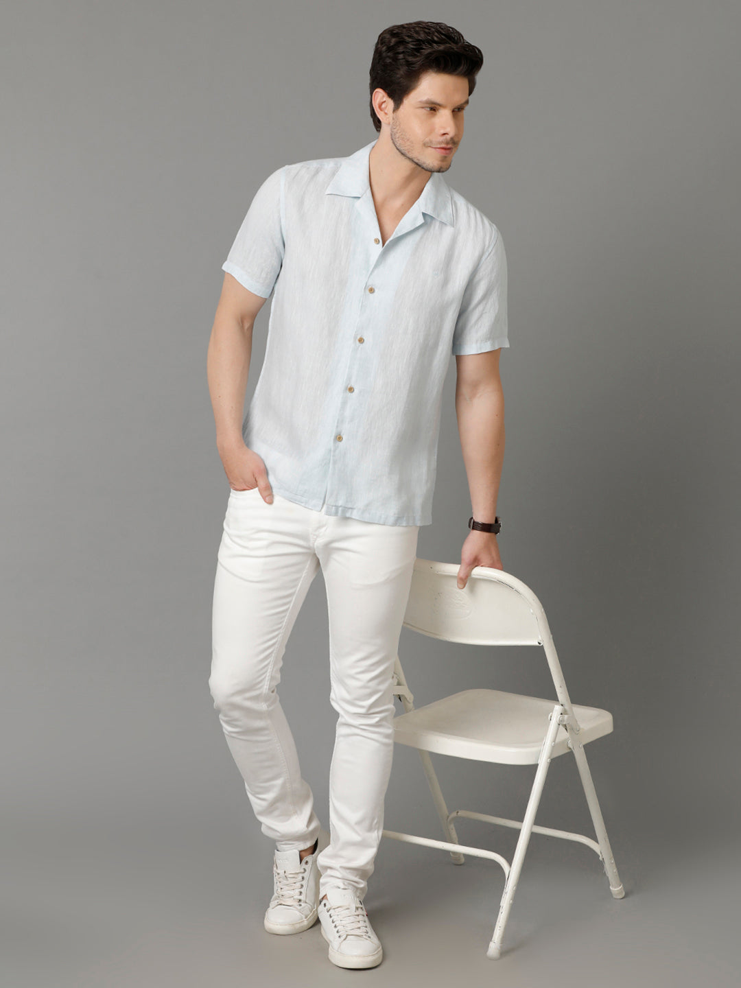Aldeno Mens Regular Fit Solid Blue Casual Linen Shirt (LERRY)