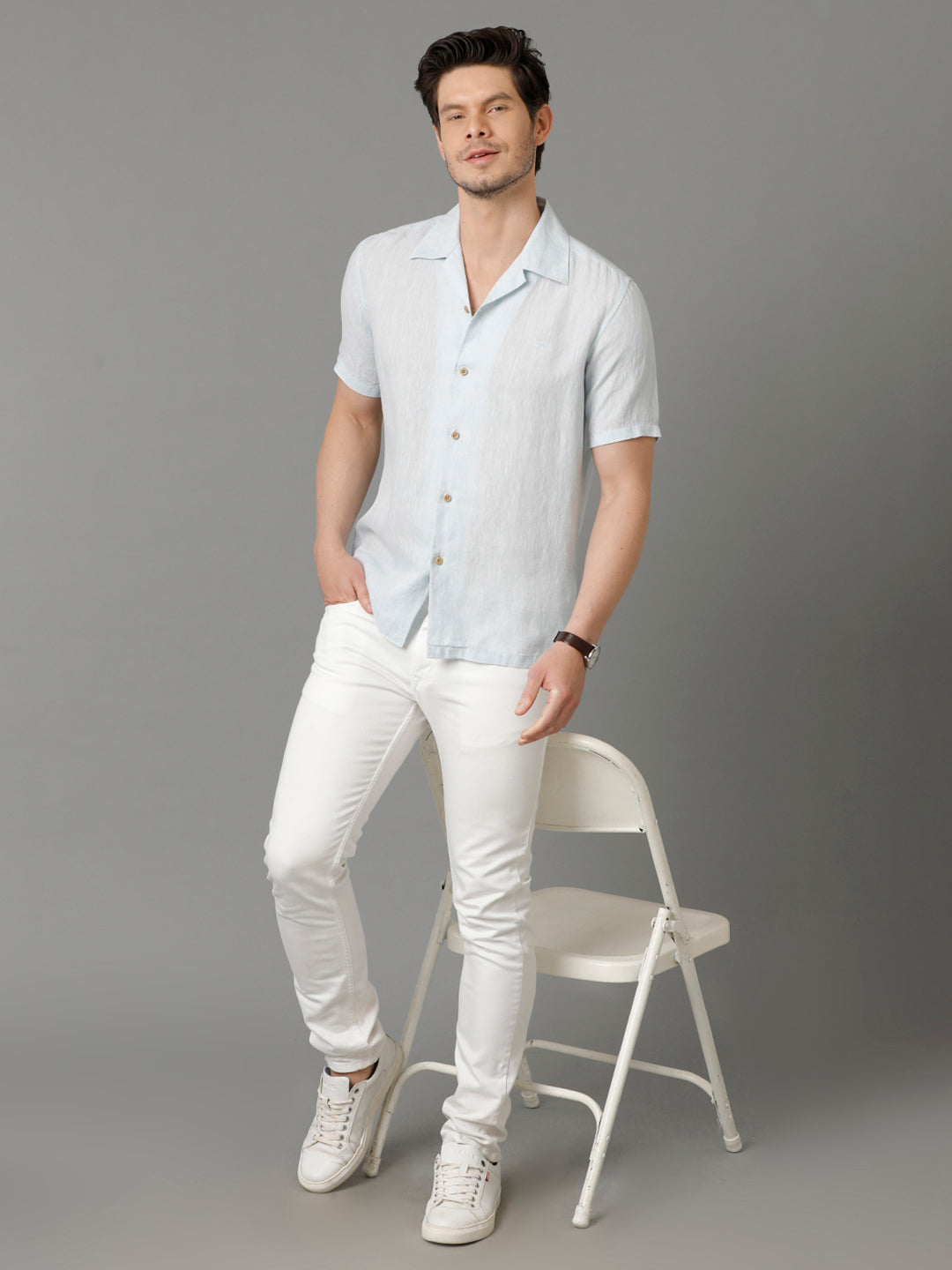 Aldeno Mens Regular Fit Solid Blue Casual Linen Shirt (LERRY)