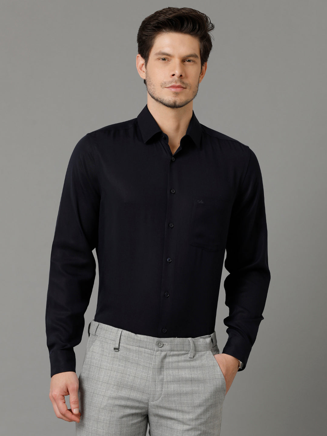 Aldeno Mens Regular Fit Solid Navy Blue Formal Cotton Shirt (LESTE)