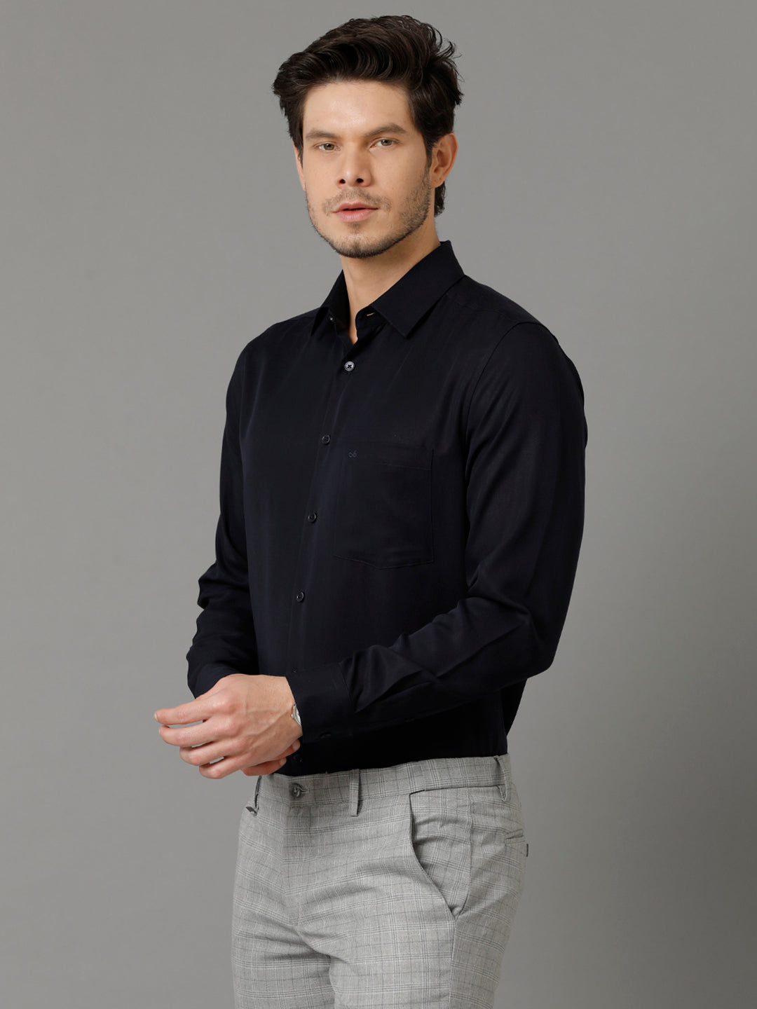 Aldeno Mens Regular Fit Solid Navy Blue Formal Cotton Shirt (LESTE)