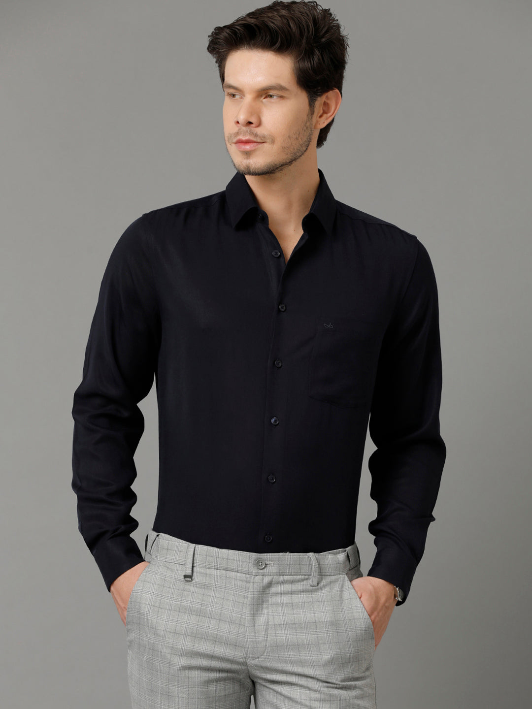 Aldeno Mens Regular Fit Solid Navy Blue Formal Cotton Shirt (LESTE)