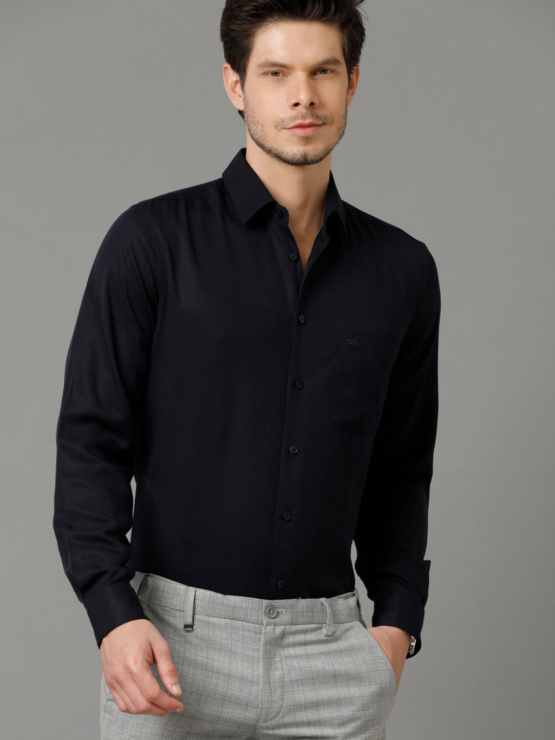 Aldeno Mens Regular Fit Solid Navy Blue Formal Cotton Shirt (LESTE)