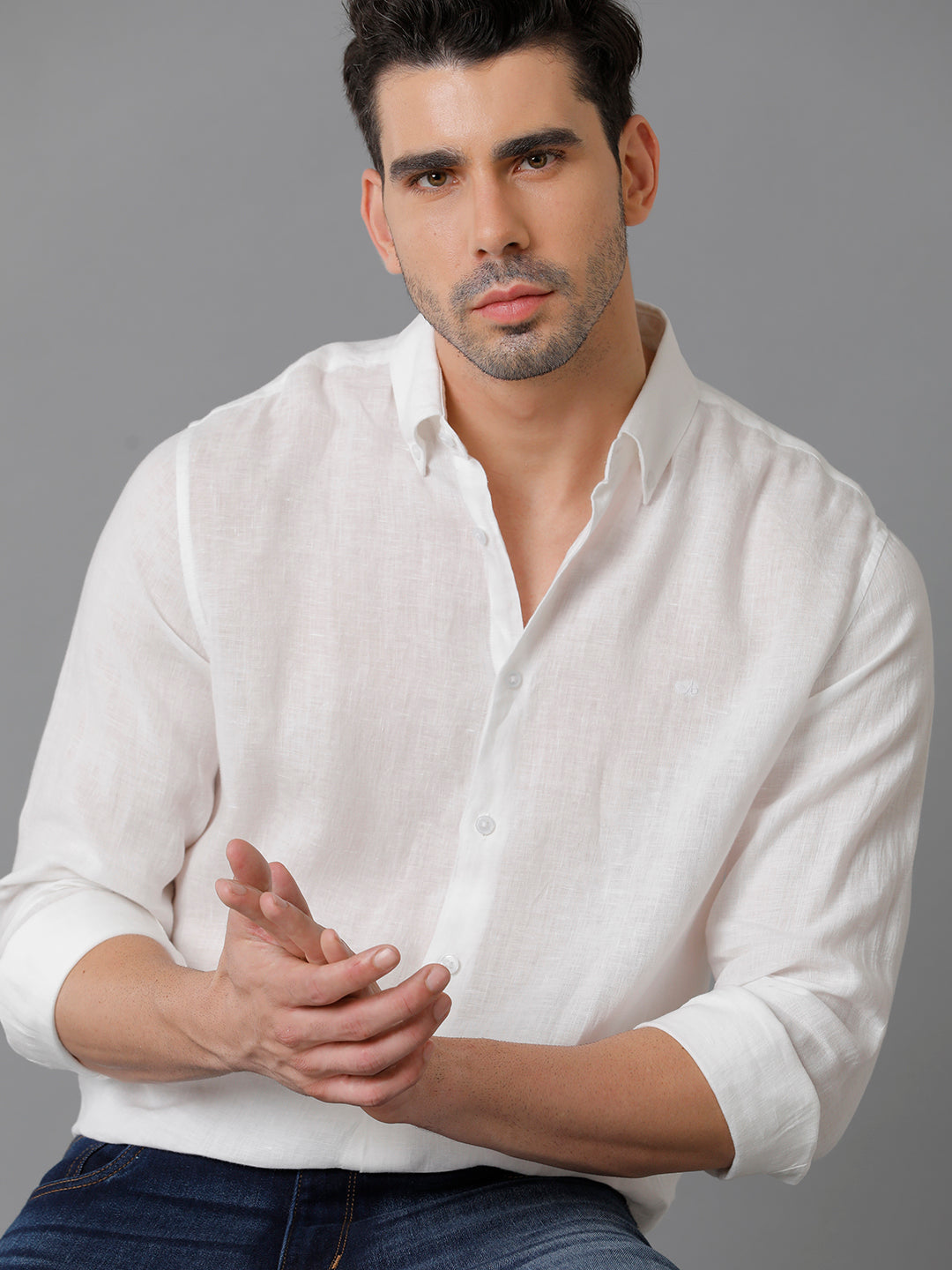 Aldeno Mens Regular Fit Solid White Casual Linen Shirt (LITE)