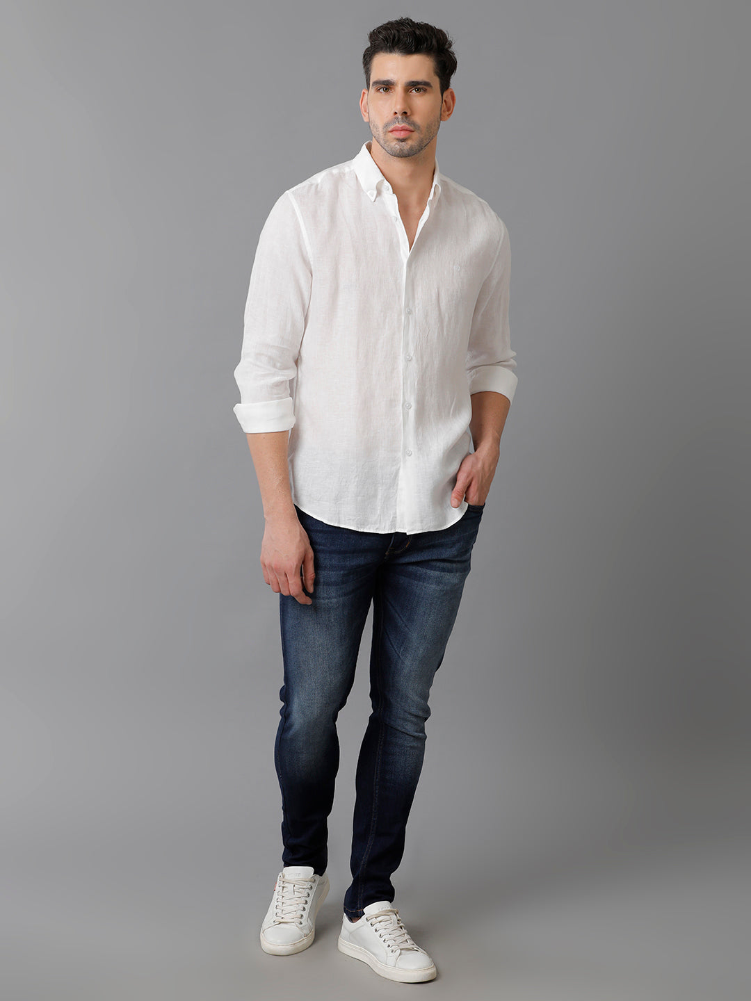 Aldeno Mens Regular Fit Solid White Casual Linen Shirt (LITE)