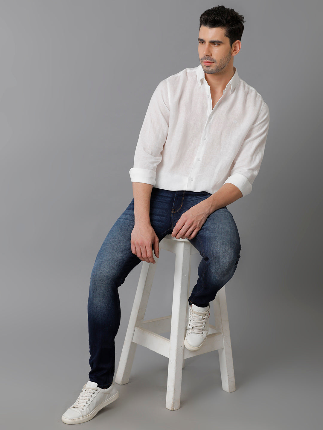 Aldeno Mens Regular Fit Solid White Casual Linen Shirt (LITE)