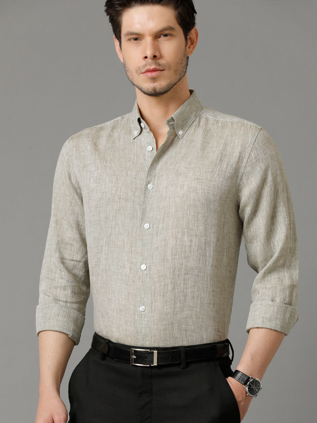 Aldeno Mens Regular Fit Solid Green Casual Linen Shirt (LOUIS)