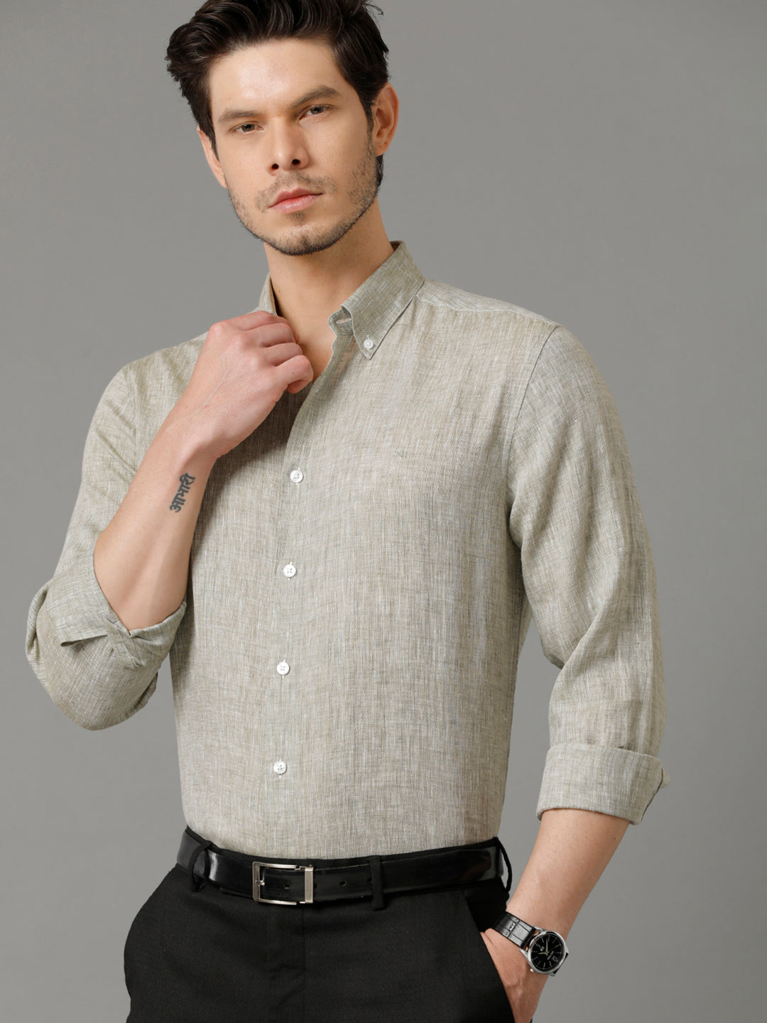 Aldeno Mens Regular Fit Solid Green Casual Linen Shirt (LOUIS)