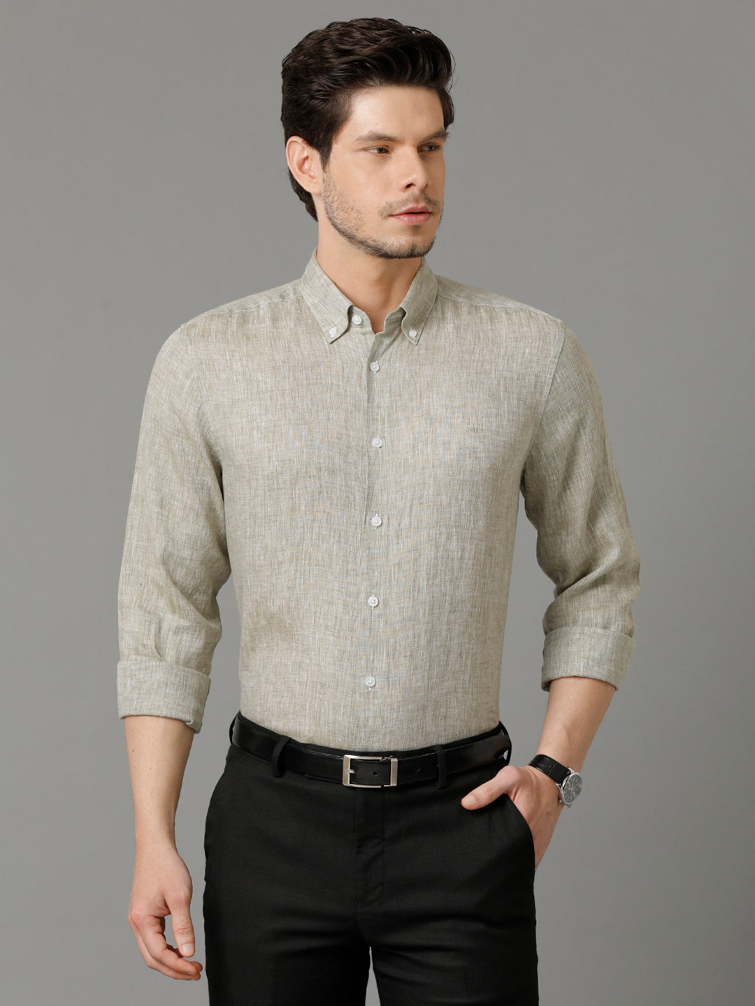 Aldeno Mens Regular Fit Solid Green Casual Linen Shirt (LOUIS)