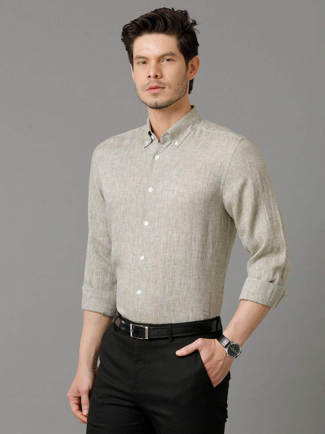 Aldeno Mens Regular Fit Solid Green Casual Linen Shirt (LOUIS)