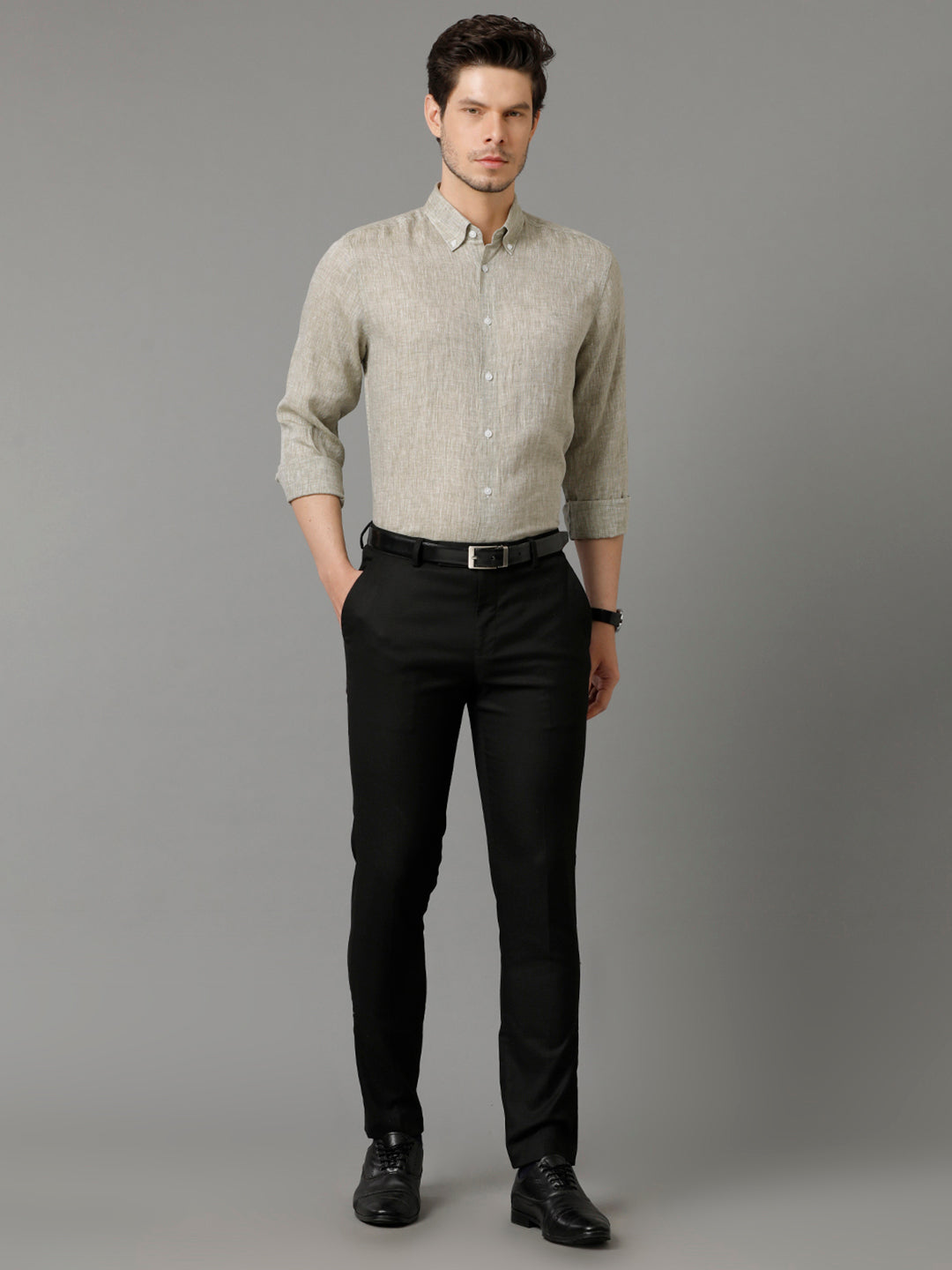 Aldeno Mens Regular Fit Solid Green Casual Linen Shirt (LOUIS)