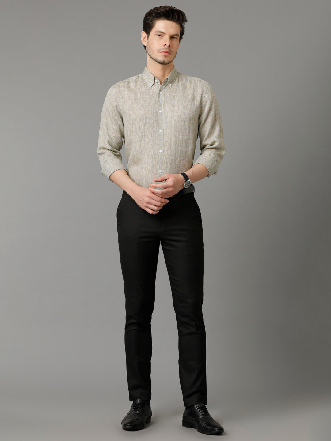 Aldeno Mens Regular Fit Solid Green Casual Linen Shirt (LOUIS)