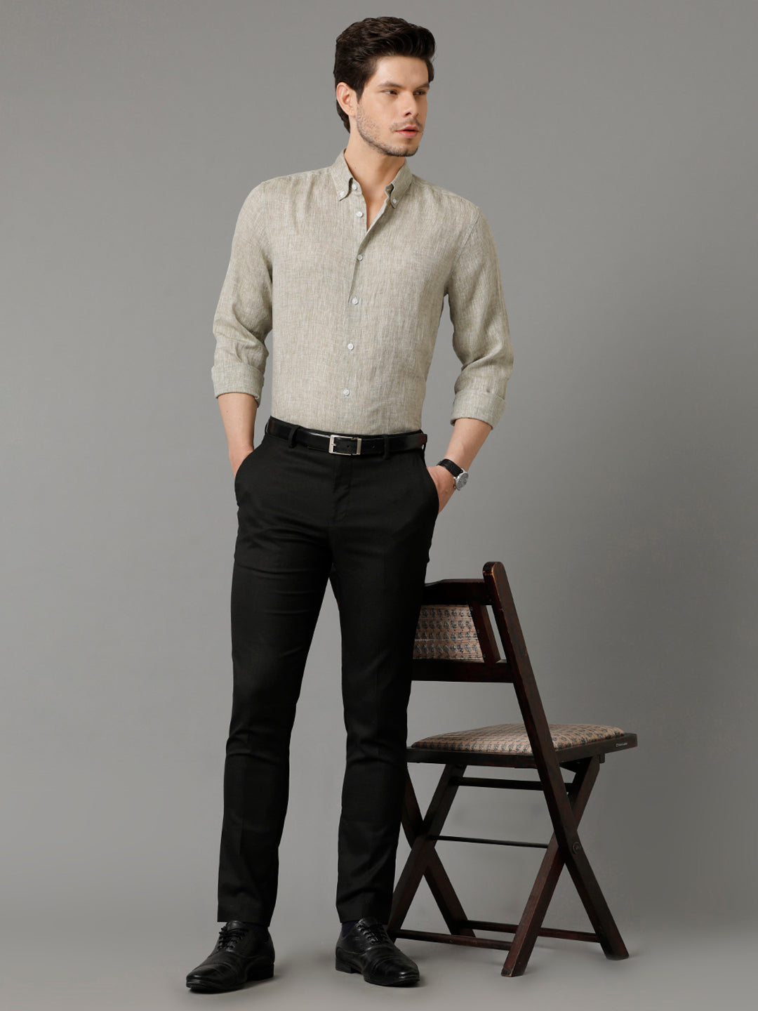 Aldeno Mens Regular Fit Solid Green Casual Linen Shirt (LOUIS)