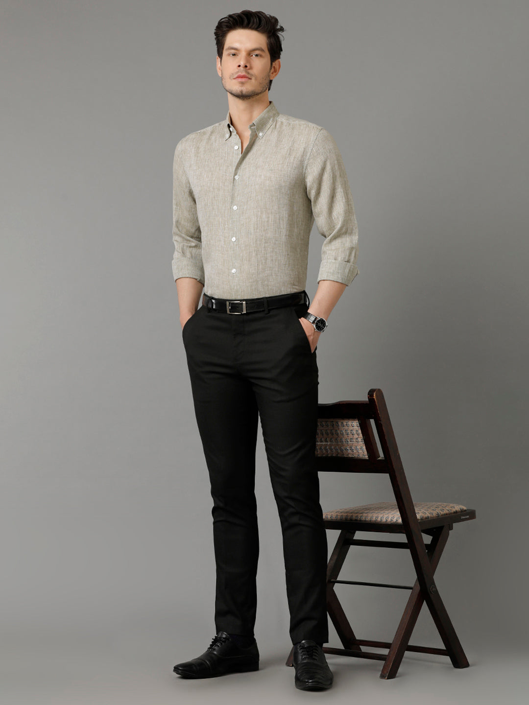 Aldeno Mens Regular Fit Solid Green Casual Linen Shirt (LOUIS)
