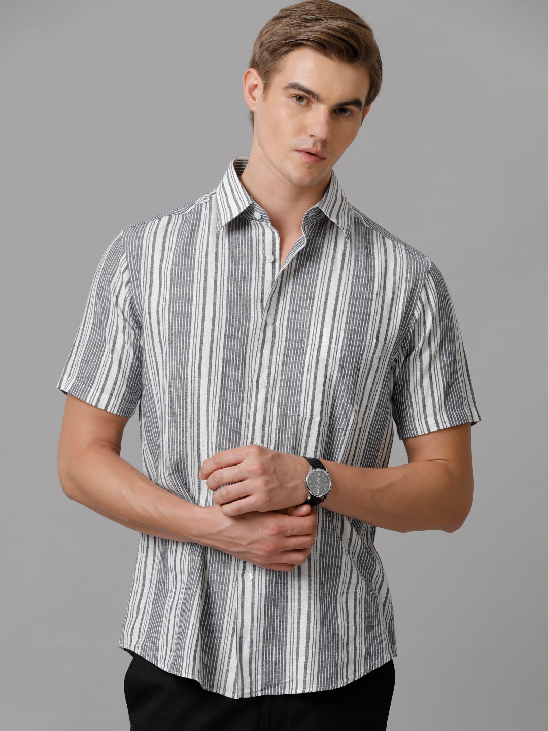 Aldeno Men Striped Casual Grey Shirt (LUCIO)