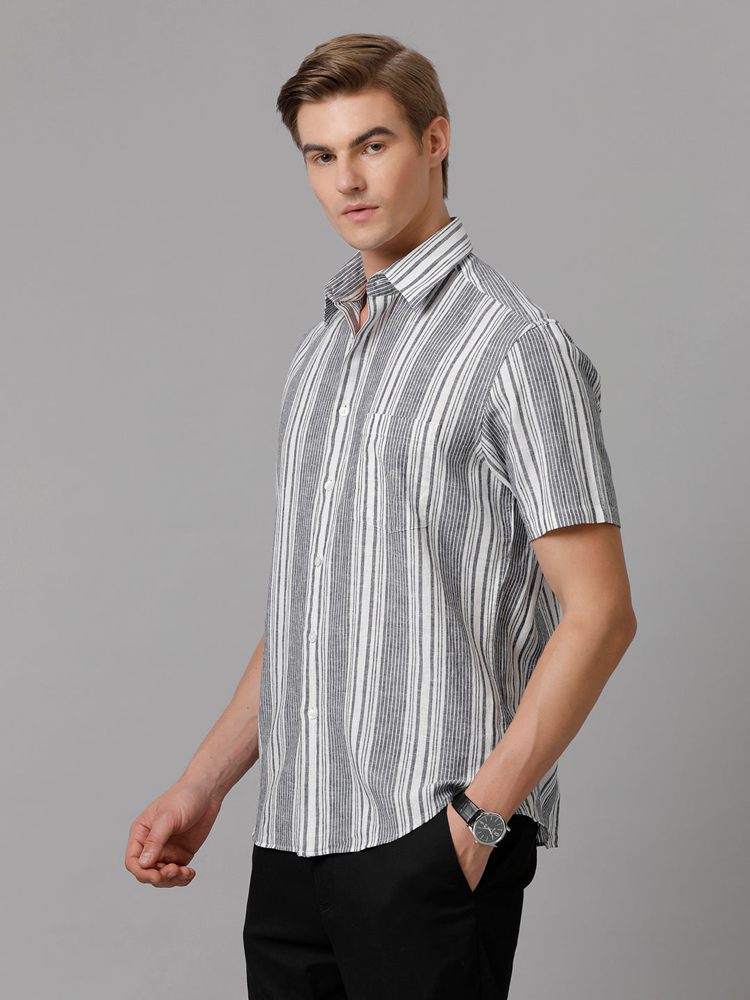 Aldeno Men Striped Casual Grey Shirt (LUCIO)