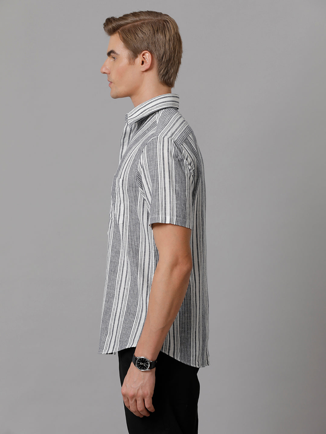 Aldeno Men Striped Casual Grey Shirt (LUCIO)