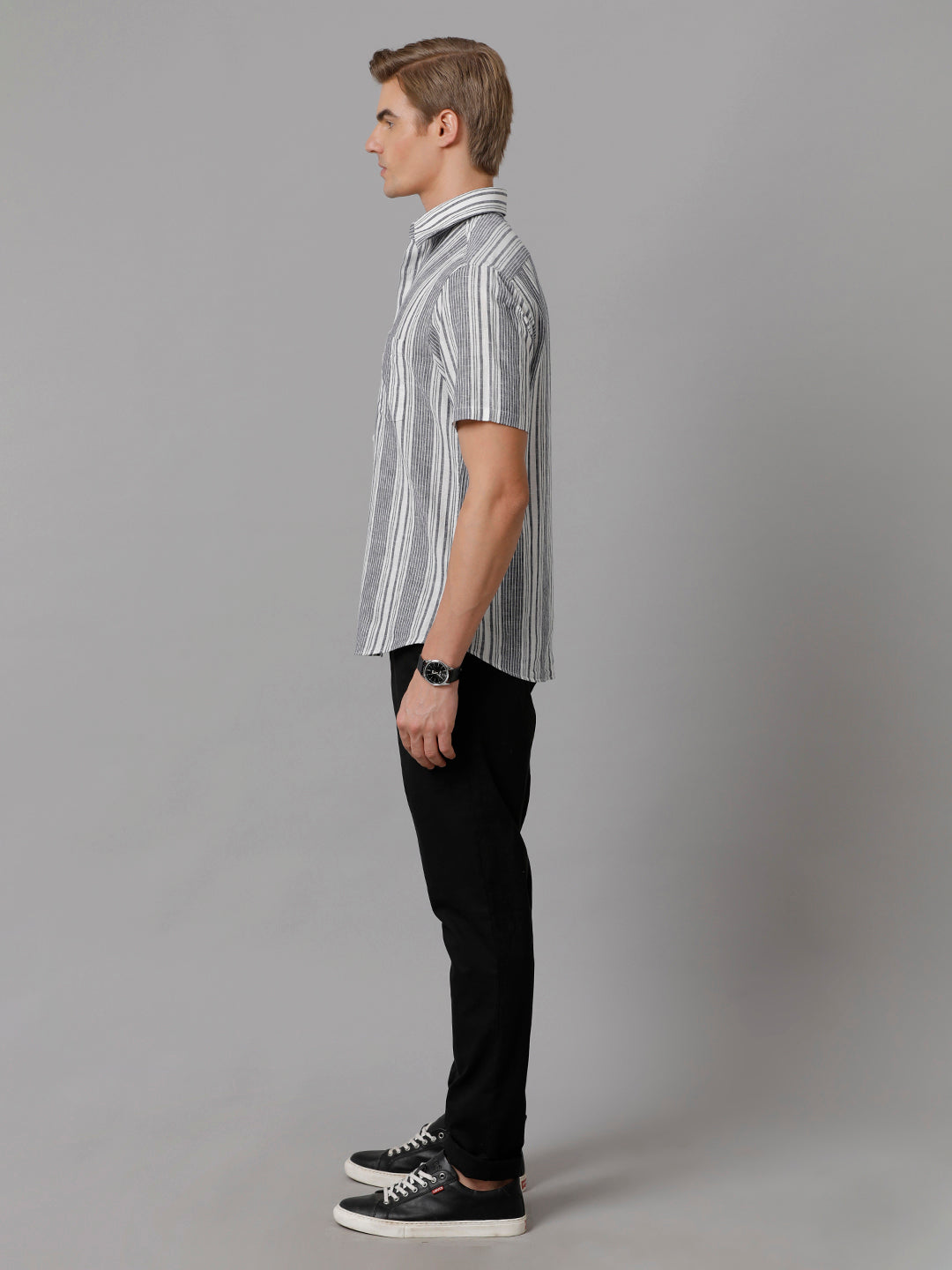 Aldeno Men Striped Casual Grey Shirt (LUCIO)
