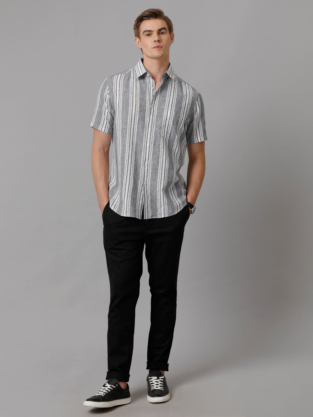 Aldeno Men Striped Casual Grey Shirt (LUCIO)
