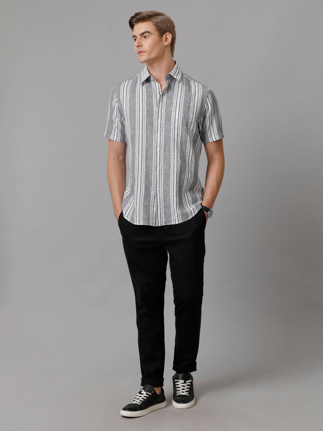 Aldeno Men Striped Casual Grey Shirt (LUCIO)