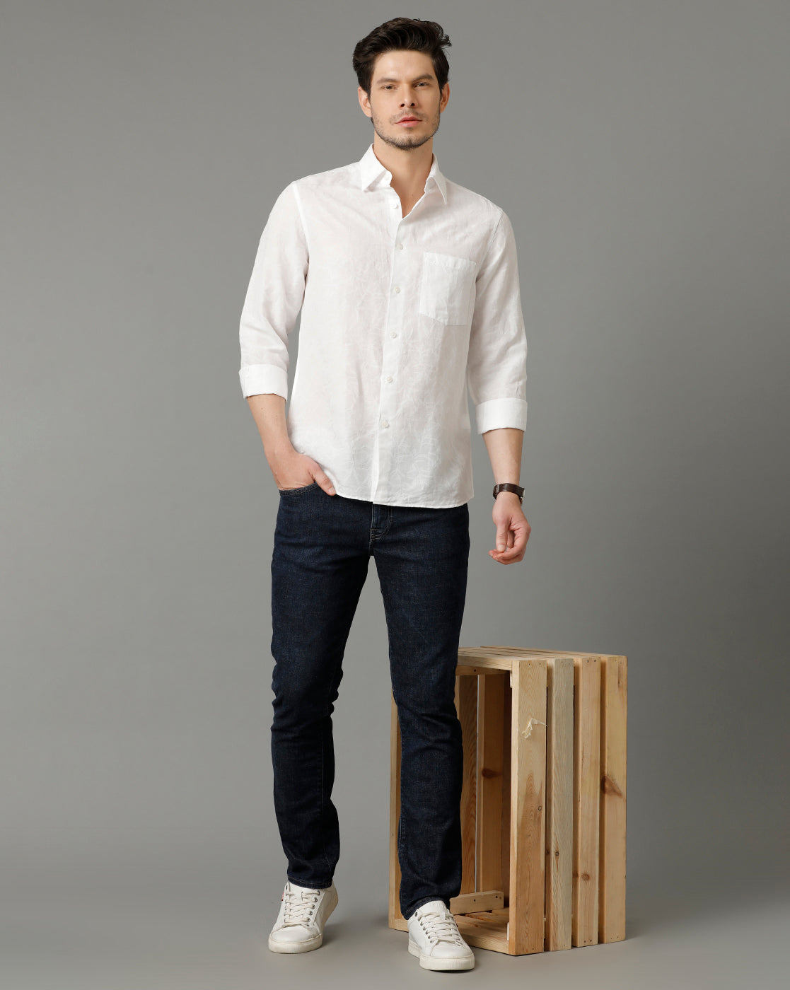 Aldeno Men Self Design Casual White Shirt (OSCAR)