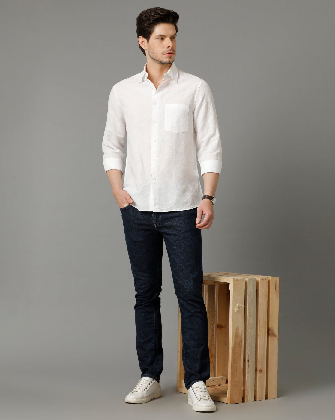 Aldeno Men Self Design Casual White Shirt (OSCAR)