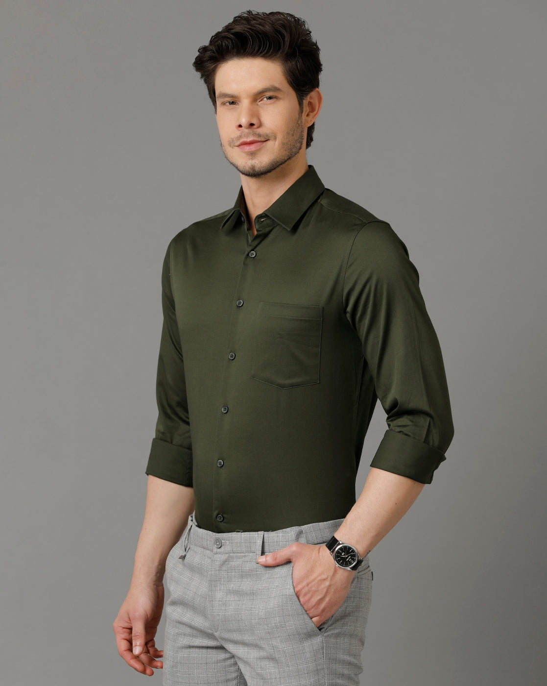 Aldeno Men Solid Formal Olive Shirt (SALOG)