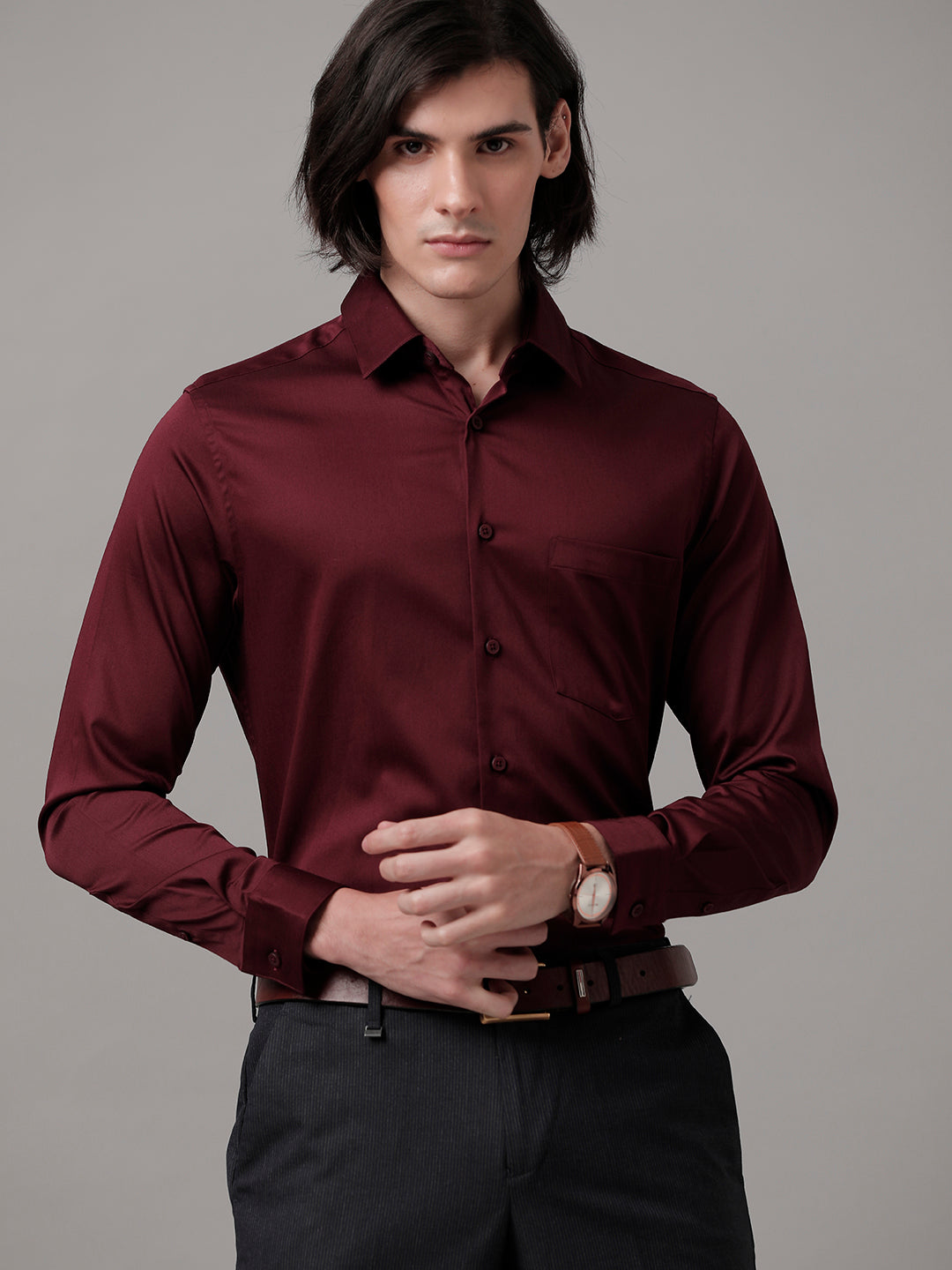 Aldeno Men Solid Formal Maroon Shirt (SAMOR)