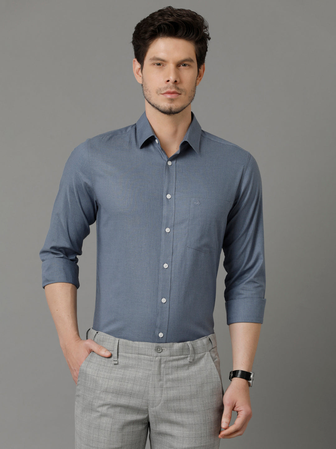 Aldeno Mens Slim Fit Solid Blue Formal Cotton Shirt (SCOTT)