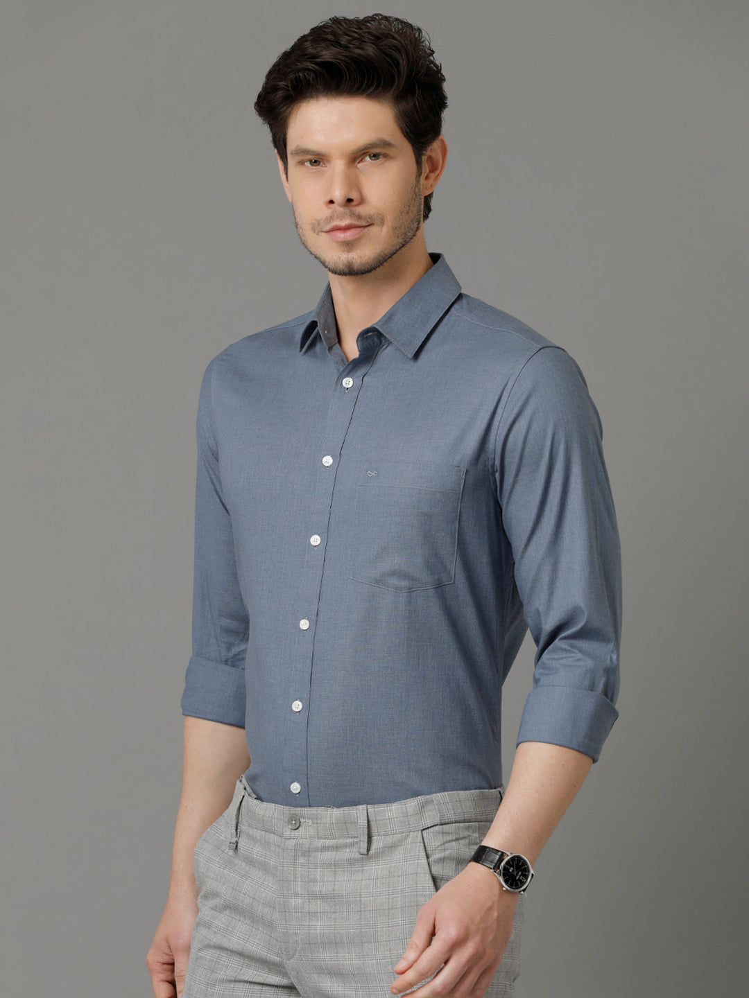 Aldeno Mens Slim Fit Solid Blue Formal Cotton Shirt (SCOTT)