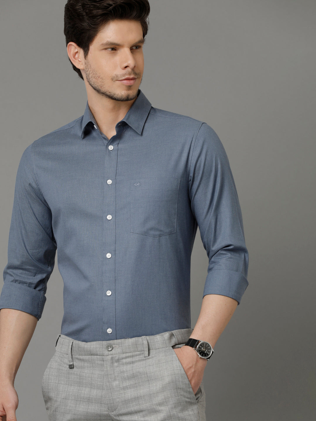 Aldeno Mens Slim Fit Solid Blue Formal Cotton Shirt (SCOTT)
