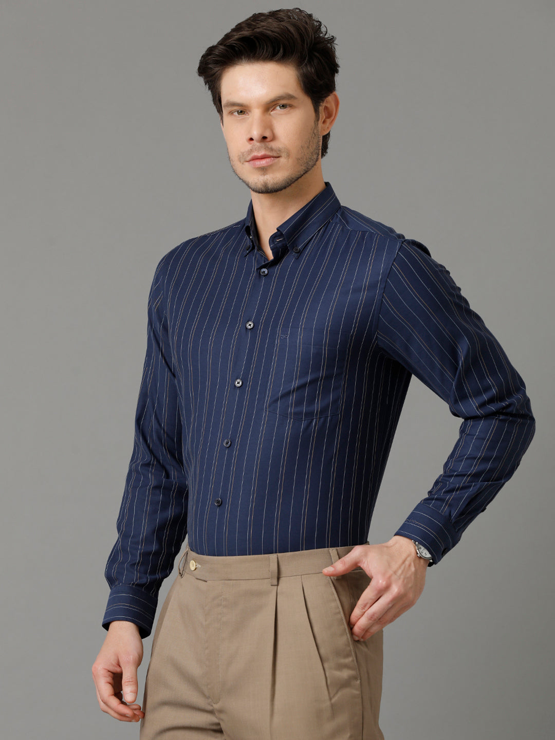Aldeno Mens Regular Fit Vertical Stripes Navy Blue Formal Cotton Shirt (SELEN)