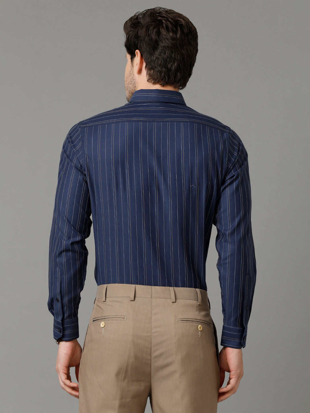 Aldeno Mens Regular Fit Vertical Stripes Navy Blue Formal Cotton Shirt (SELEN)