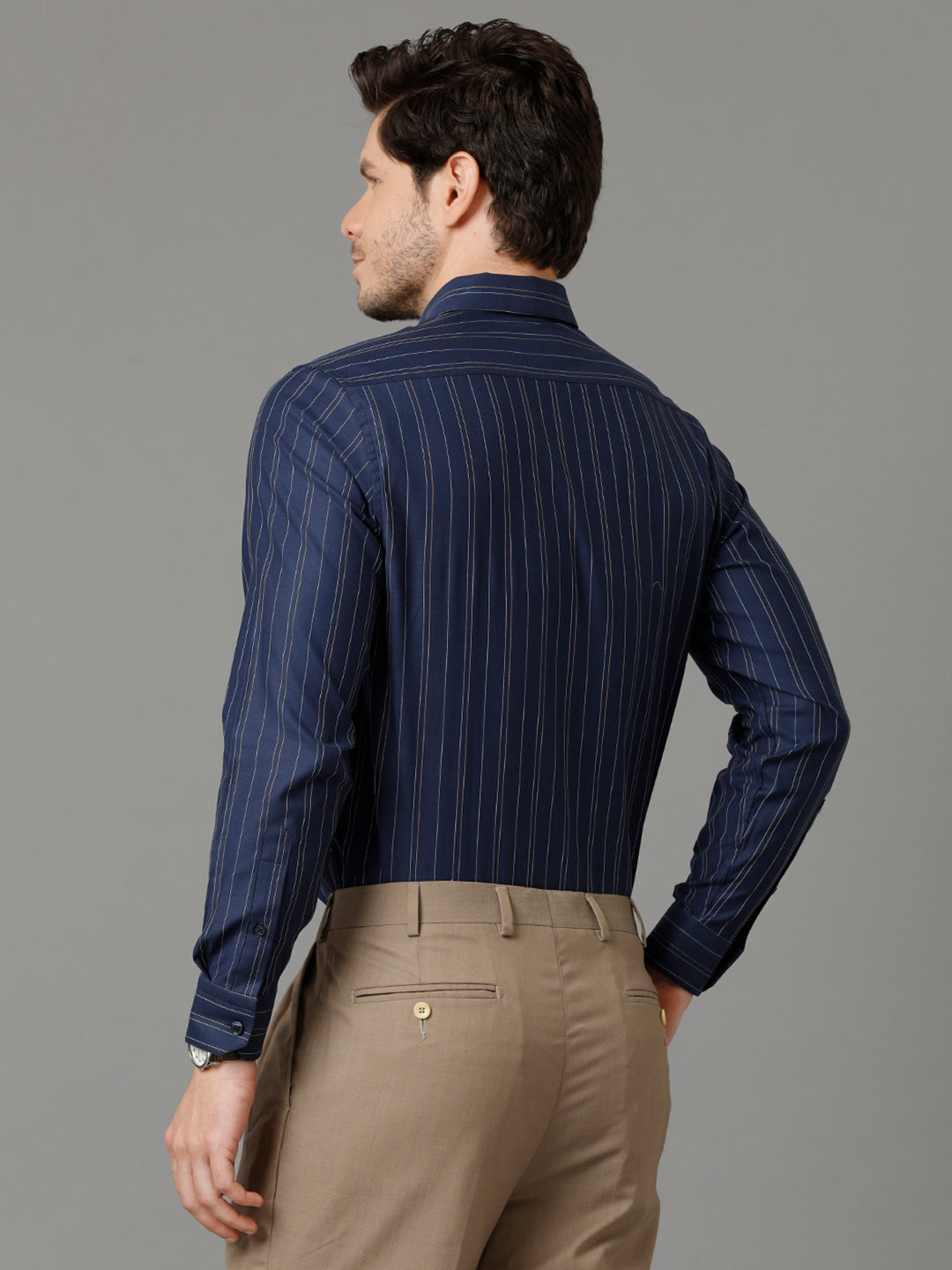 Aldeno Mens Regular Fit Vertical Stripes Navy Blue Formal Cotton Shirt (SELEN)