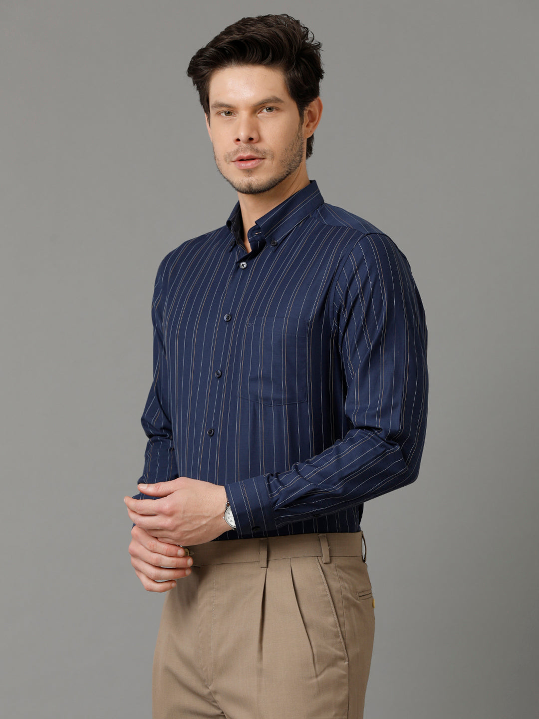 Aldeno Mens Regular Fit Vertical Stripes Navy Blue Formal Cotton Shirt (SELEN)