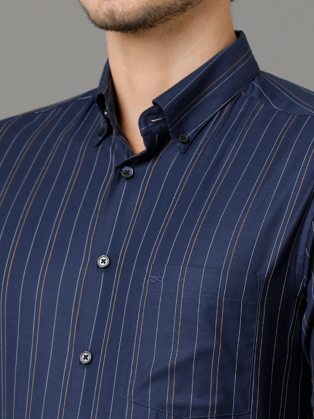 Aldeno Mens Regular Fit Vertical Stripes Navy Blue Formal Cotton Shirt (SELEN)