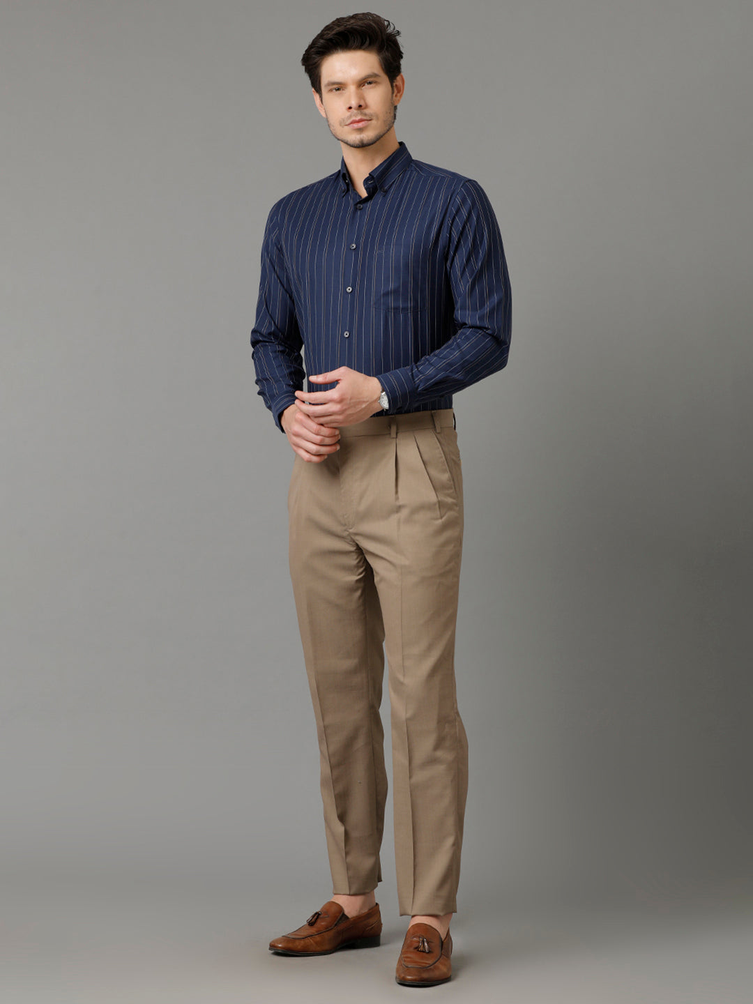 Aldeno Mens Regular Fit Vertical Stripes Navy Blue Formal Cotton Shirt (SELEN)