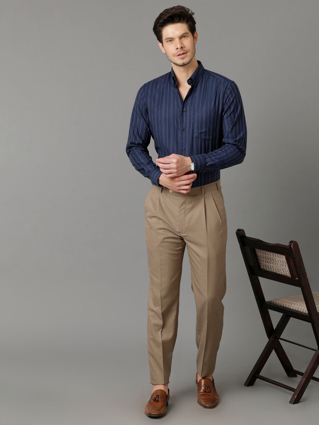 Aldeno Mens Regular Fit Vertical Stripes Navy Blue Formal Cotton Shirt (SELEN)