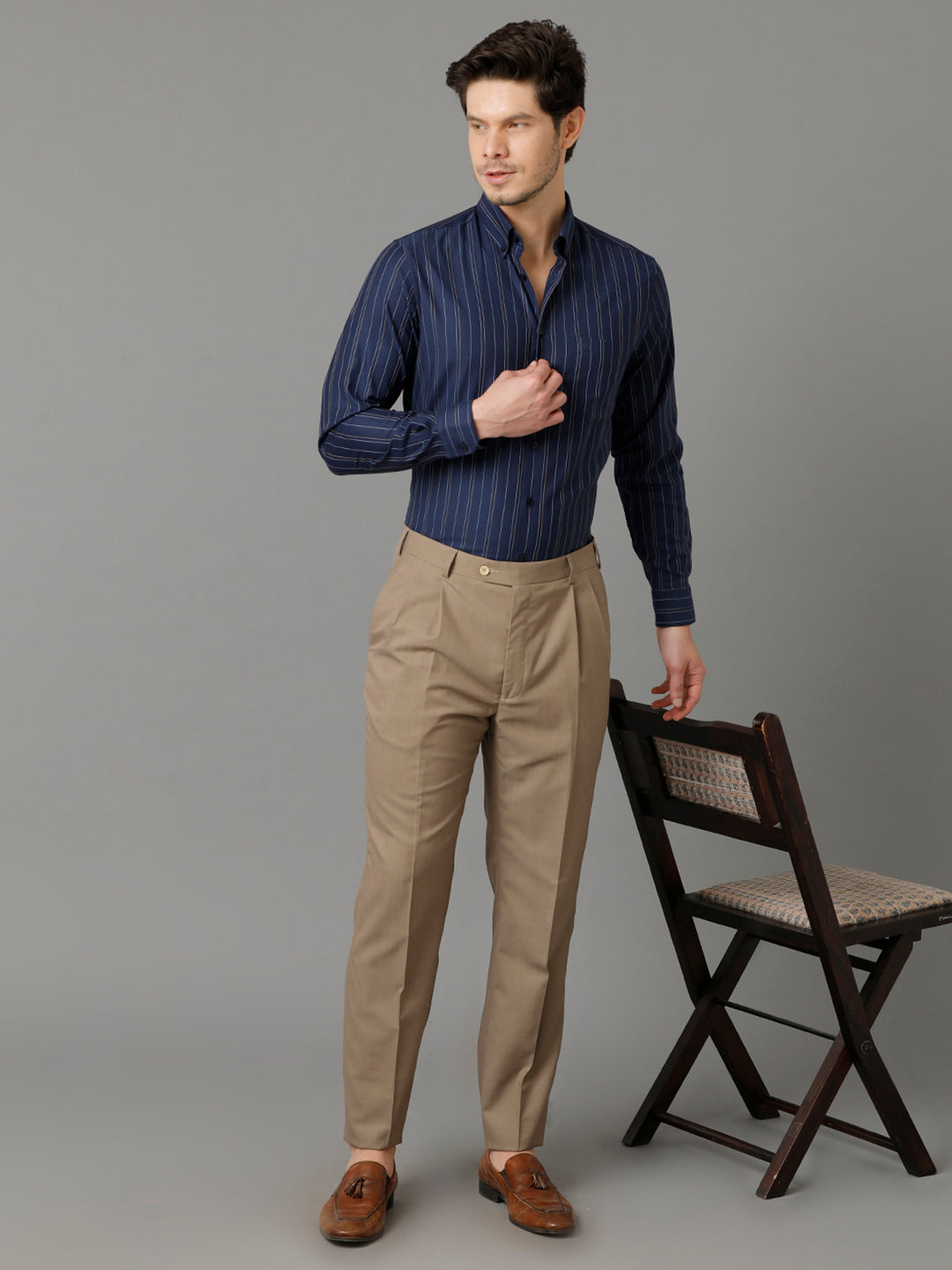 Aldeno Mens Regular Fit Vertical Stripes Navy Blue Formal Cotton Shirt (SELEN)