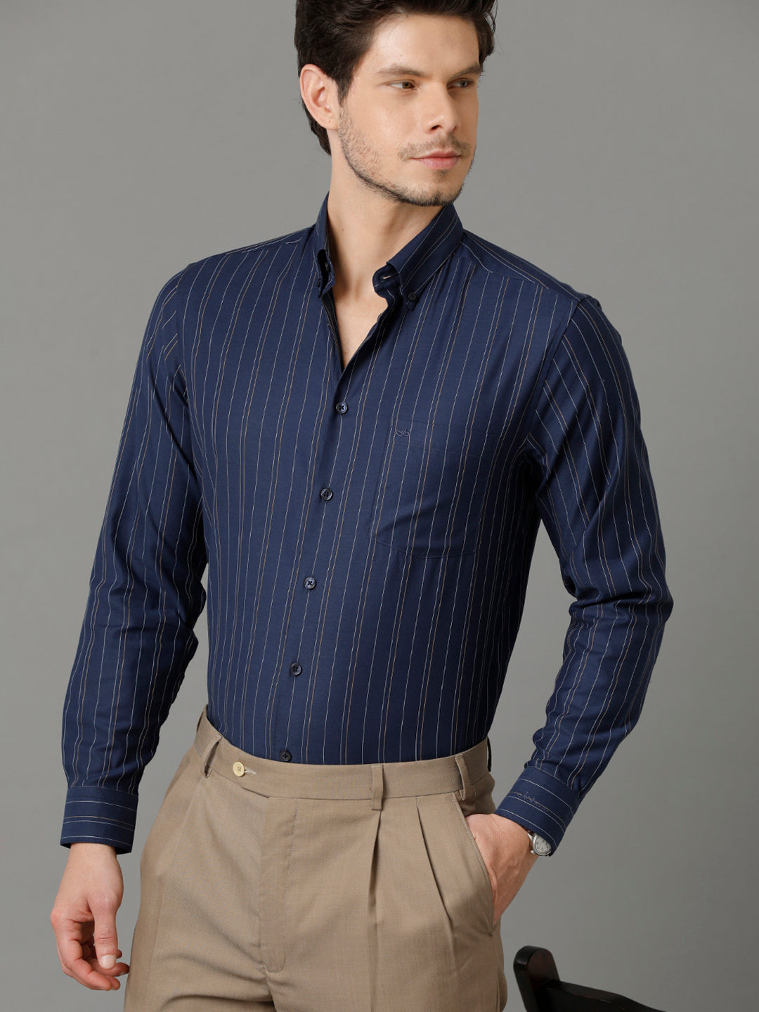 Aldeno Mens Regular Fit Vertical Stripes Navy Blue Formal Cotton Shirt (SELEN)
