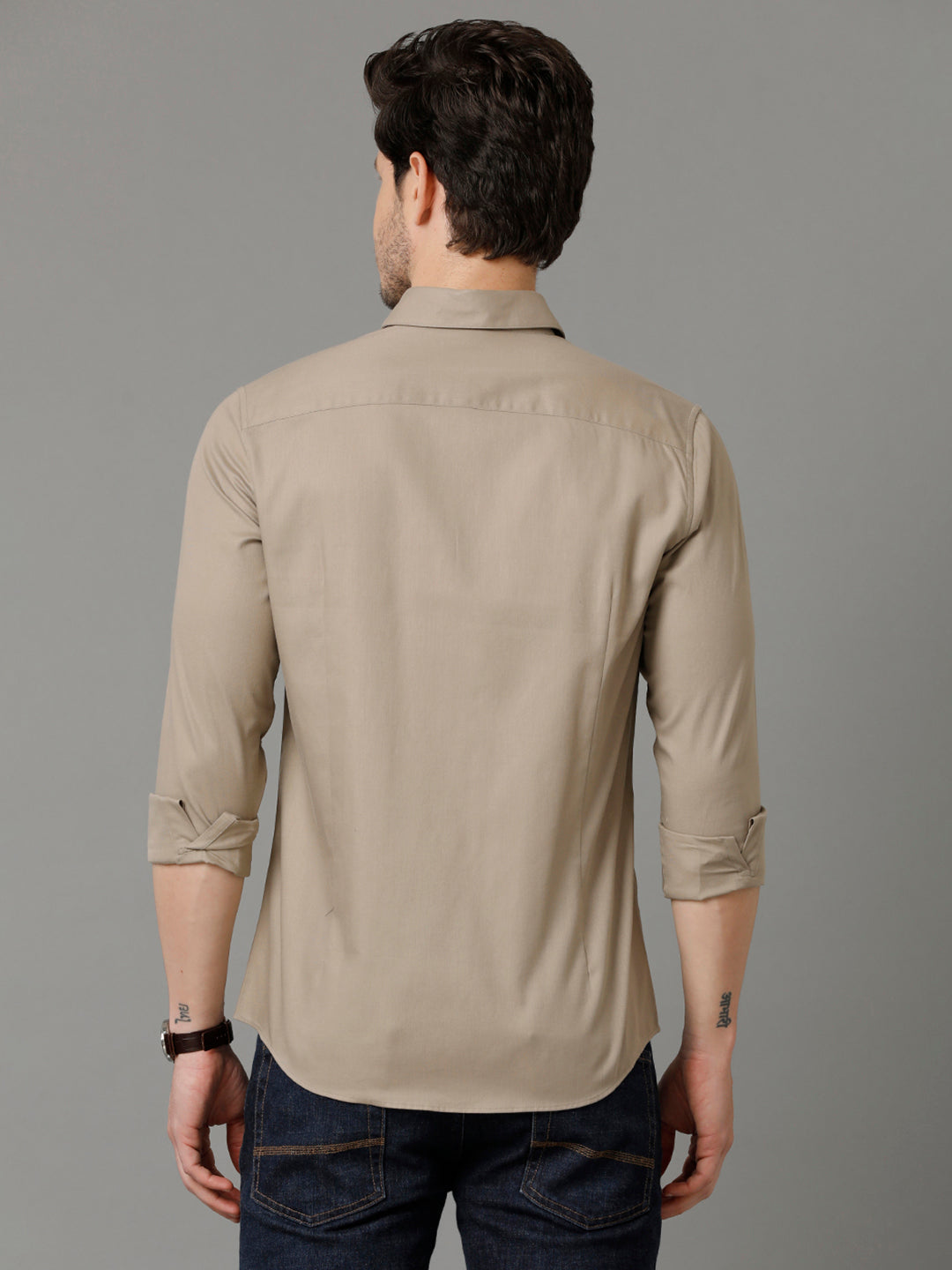 Aldeno Mens Slim Fit Solid Beige Formal Cotton Shirt (SHINE)