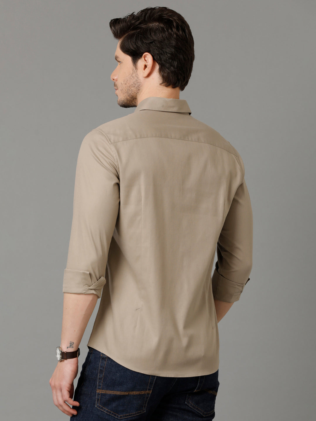 Aldeno Mens Slim Fit Solid Beige Formal Cotton Shirt (SHINE)