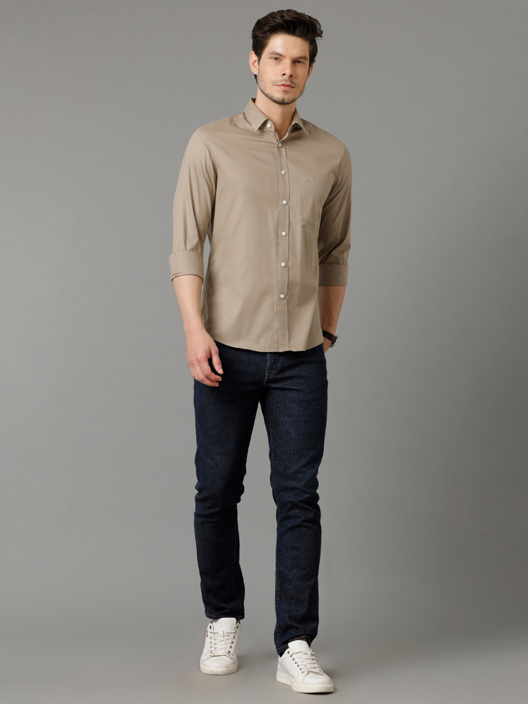 Aldeno Mens Slim Fit Solid Beige Formal Cotton Shirt (SHINE)