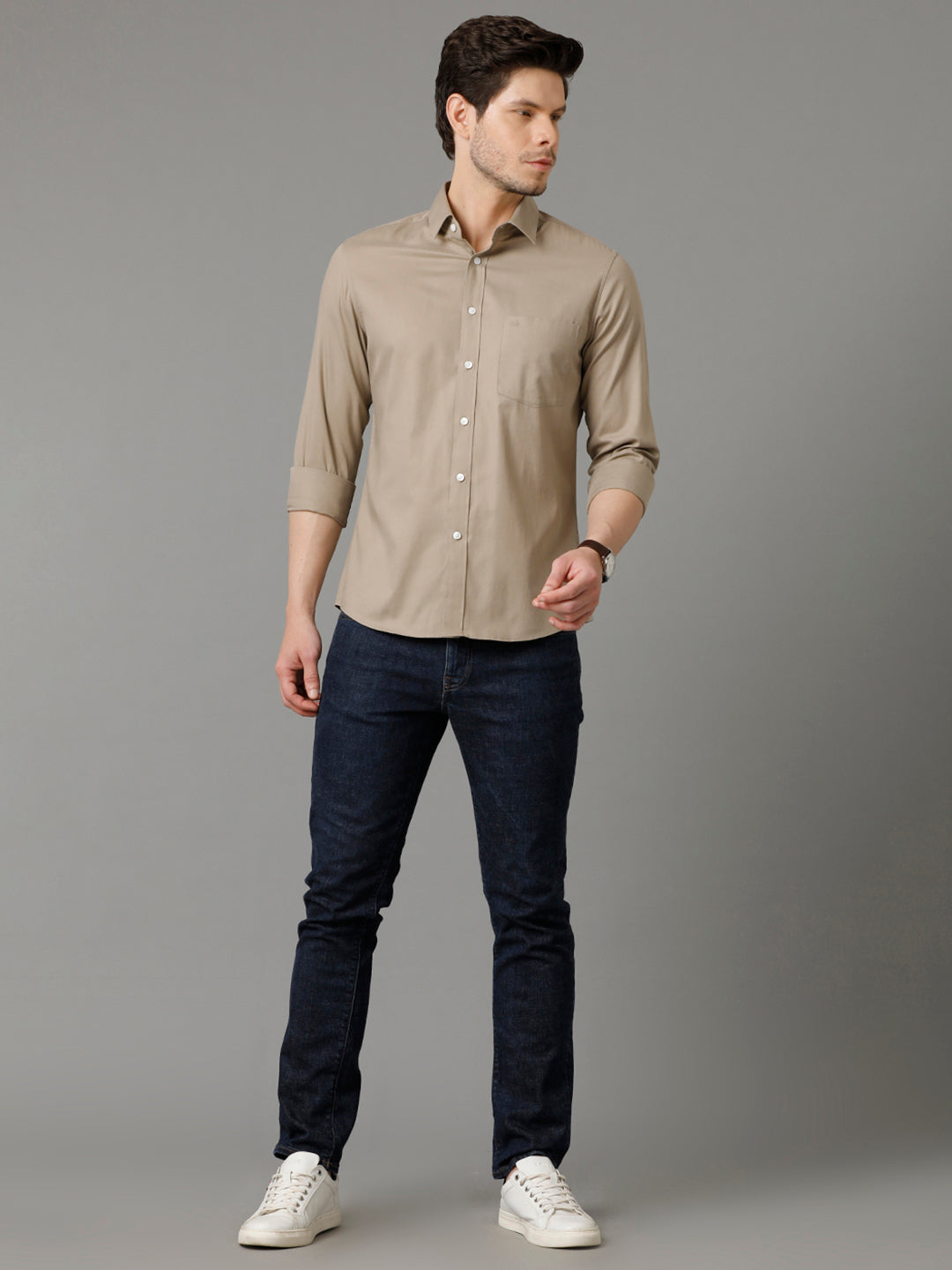 Aldeno Mens Slim Fit Solid Beige Formal Cotton Shirt (SHINE)