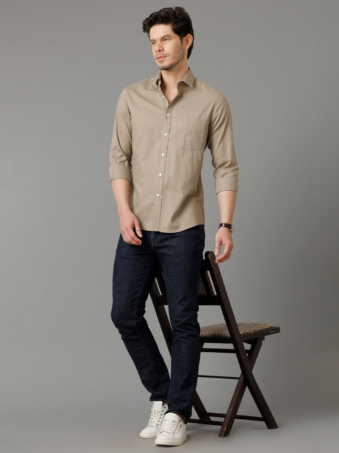 Aldeno Mens Slim Fit Solid Beige Formal Cotton Shirt (SHINE)