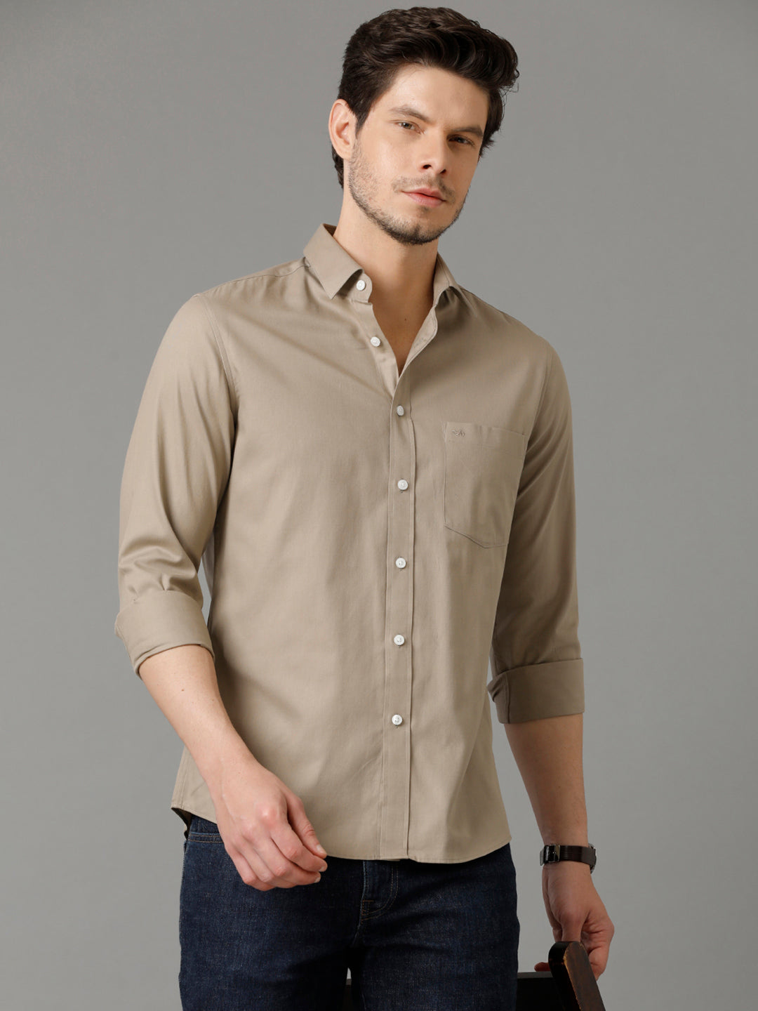 Aldeno Mens Slim Fit Solid Beige Formal Cotton Shirt (SHINE)