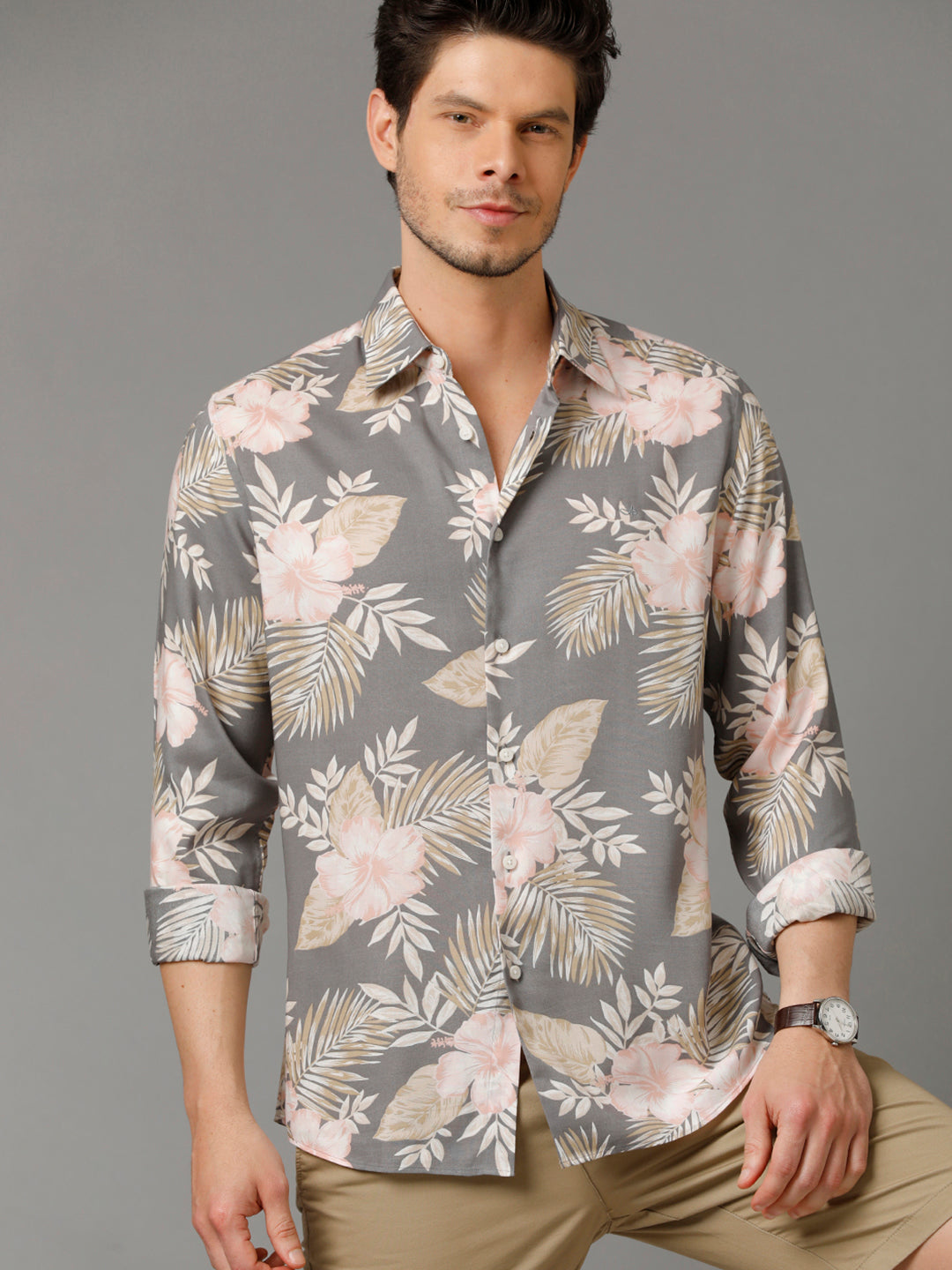 Aldeno Mens Slim Fit Floral Print Grey Casual Viscose Rayon Shirt (VALEN)