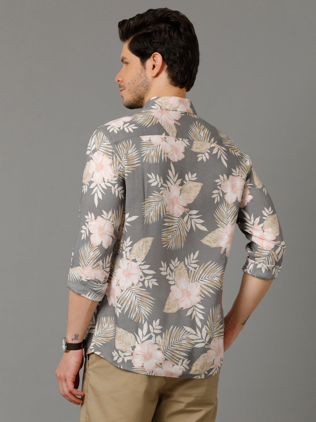 Aldeno Mens Slim Fit Floral Print Grey Casual Viscose Rayon Shirt (VALEN)